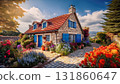 Charming stone house in a rural setting surrounded by colorful flowers (AI-generated image) 131860647