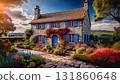 AI-generated image of the garden of a stone country cottage with a striking red roof and blue window frames 131860648