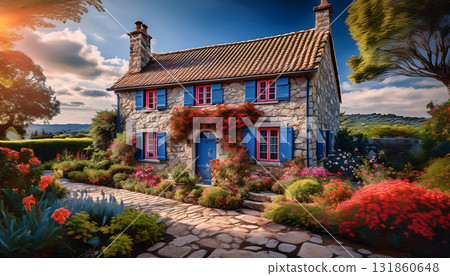 AI-generated image of the garden of a stone country cottage with a striking red roof and blue window frames 131860648