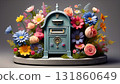 "AI-generated image" is a miniature object with flowers blooming around a functional gatepost. 131860649