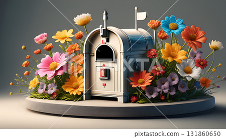 Retro-designed mailbox model decorated with vibrant flowers (AI-generated image) 131860650