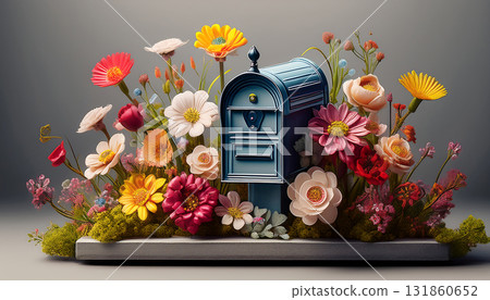 "AI-generated image" model of a functional blue-green gatepost and gorgeous flowers 131860652