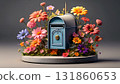 A classic miniature mailbox surrounded by colorful flowers (AI-generated image) 131860653