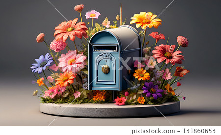 A classic miniature mailbox surrounded by colorful flowers (AI-generated image) 131860653