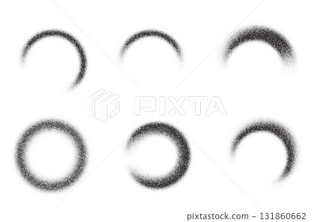 Dotted grainy gradient shapes. Black vector circle brush strokes on white background. Abstract sand texture. Fluid splashes and halftone elements. Gritty geometric diffused rounds 131860662
