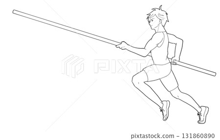 一名男子在撐竿跳高比賽中助跑的黑白插圖 一名男子在撐竿跳高比賽中助跑的黑白插圖 131860890
