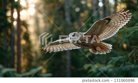 Wild brown owl frozen midflight through sunlit dense forest canopy with outstretched wings Wild brown owl frozen midflight through sunlit dense forest canopy with outstretched wings 131860896