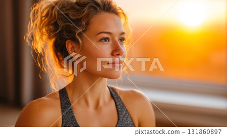 Woman performing yoga stretch on a mat in a bright sunlit room 131860897
