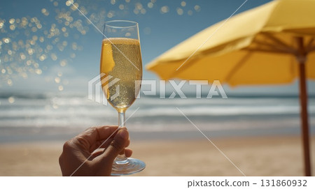 Close up of two sparkling champagne glasses toasting at sunset beach under a yellow umbrella canopy facing ocean horizon 131860932