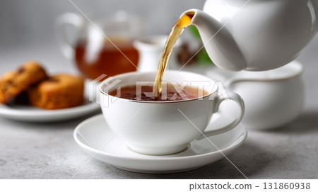 Close Up Porcelain Tea Cup Plate And Ceramic Jug Pouring Hot Tea Over White Clean Background 131860938