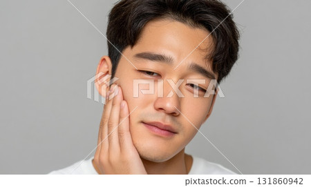 Close up portrait of a young Korean man holding his cheek in pain due to a severe toothache Close up portrait of a young Korean man holding his cheek in pain due to a severe toothache 131860942