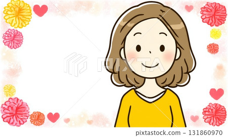 Delicate floral frame with soft pink carnations and loving mother silhouette smiling warmly 131860970
