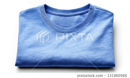 Folded soft blue cotton T-shirt positioned on pristine white background for product presentation 131860988