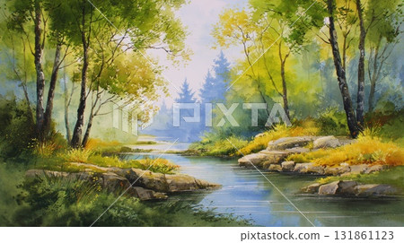 Vibrant watercolor landscape featuring serene rolling hills and peaceful winding rivers under bright sky 131861123