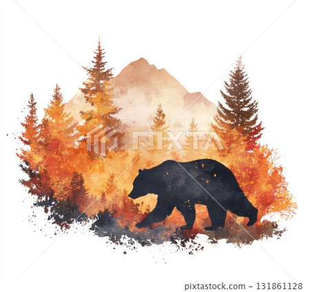 Brown Bear Walking Through Golden Autumn Leaves Under Bright Orange Pine Trees on White Background 131861128