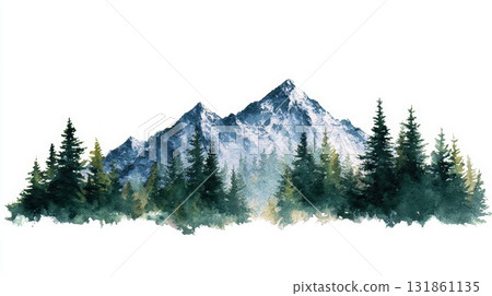 Watercolor Serene Tapering Forested Mountain Range with Soft Color Transition Edges 131861135
