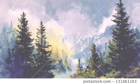 Dreamlike highland view from a low mountain summit looking over misty fir tree forest valley with expansive sky 131861163