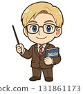 一位戴著眼鏡、穿著西裝、微笑的外籍英文老師，手裡拿著教科書和教鞭 131861173