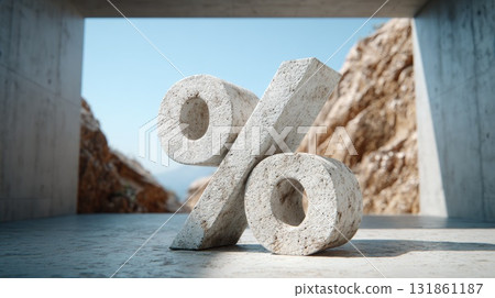 Large concrete percentage symbol standing alone in a minimalist modern room illuminated by directional natural light casting long dramatic shadows 131861187