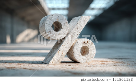 Large Concrete Percentage Symbol Standing Alone In A Minimalist Modern Room With Dramatic Natural Light And Shadows 131861188