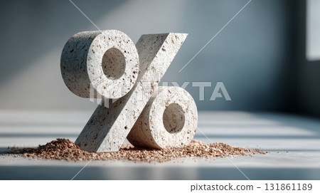 Large Concrete Percentage Symbol Standing Alone in a Minimalist Modern Room with Dramatic Natural Light Casting Soft Shadows Large Concrete Percentage Symbol Standing Alone in a Minimalist Modern Room with Dramatic Natural Light Casting Soft Shadows 131861189