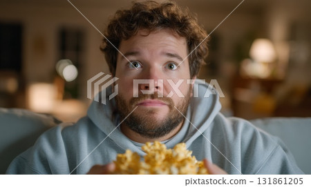 Overweight man eating chips alone on a couch at night in a warm cozy living room setting 131861205