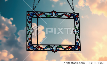 Artful stained glass photo frame suspended in dreamlike, fantastical setting 131861360