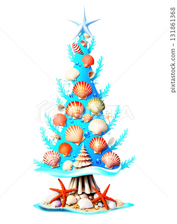 Underwater Christmas Tree, adorned with seashells and coral, isolated on a transparent background. 131861368