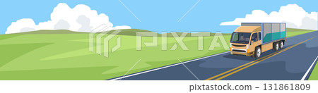 Business of cargo of container truck driving on asphalt road. Landscape view of the road on the green hills. Background of mountain under white clouds and blue sky. 131861809