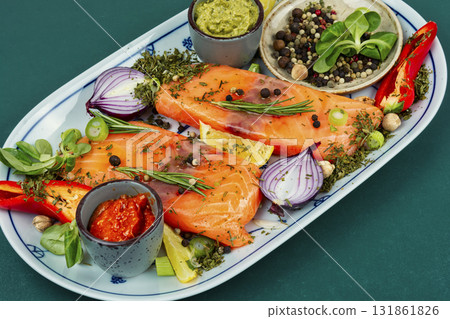 Uncooked salmon fillet. Uncooked salmon fillet. 131861826