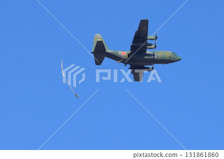 Paratroopers jumping out of a transport plane, parachute drop, special forces, airborne drop 131861860