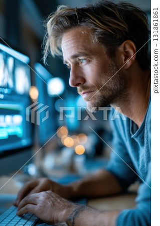 Young male videographer immersed in creative editing process in vibrant workspace illuminated by ambient lights 131861861