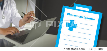 Pharmacovigilance concept with doctor working on laptop and medical report clipboard. Healthcare safety monitoring and clinical drug evaluation. 131861883