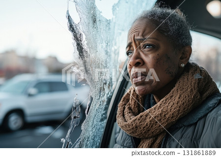 Worried woman examines vandalized car in parking lot amid feelings of distress 131861889