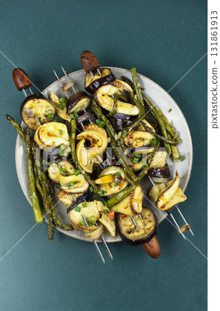 Grilled fish kebabs. Grilled fish kebabs. 131861913