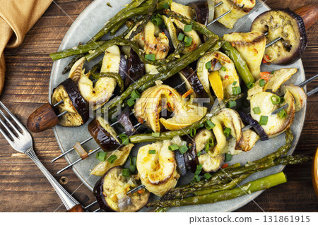 Grilled fish kebabs. 131861915