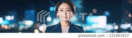 Middle-aged Asian female journalist presents evening news with professionalism in a bustling urban setting 131861917