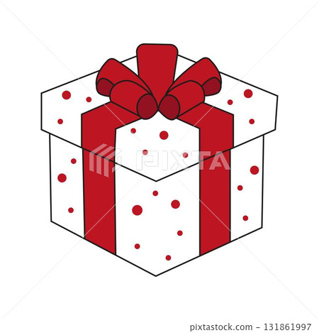 White gift box with red polka dots and red bow. 131861997