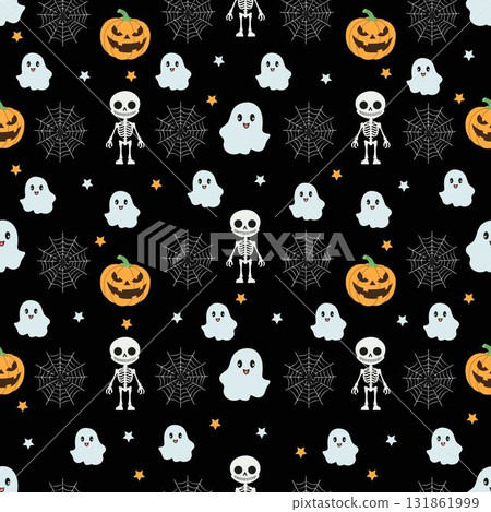 Seamless halloween pattern with ghosts, skeletons, pumpkins and spiderwebs on black background. Seamless halloween pattern with ghosts, skeletons, pumpkins and spiderwebs on black background. 131861999