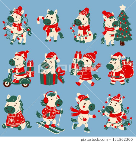 Cartoon Horses Celebrating Christmas and Winter Holidays 131862300