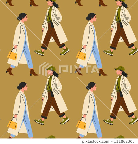 Seamless Pattern of Fashionable Women in Autumn Outfits 131862303