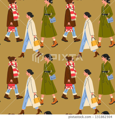 Seamless Pattern of Fashionable Women in Winter Street Style 131862304