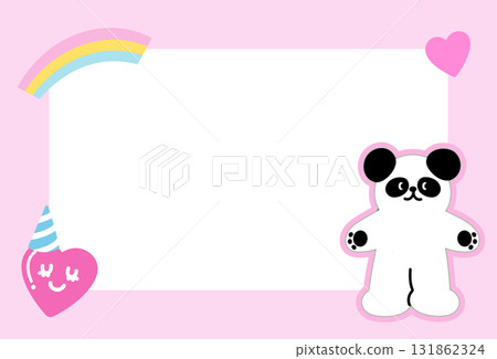 Cute rectangle pastel pink frame with panda, rainbow, hearts for decoration, polaroid photo, template, social media post, poster, book cover, sticky note, school name card, animal print, zoo 131862324