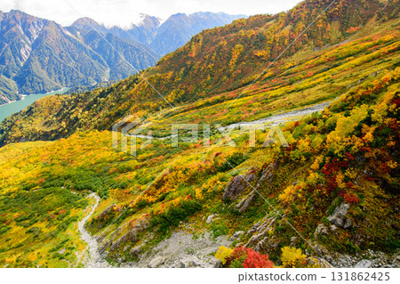 Tateyama Kurobe Alpine Route: Autumn foliage at Daikanbo and a distant view of Lake Kurobe, Toyama Prefecture 131862425