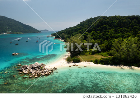 Stunning view of the beach of the Perhentian Islands with clear turquoise waters. Malaysia 131862426