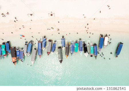 Aerial view of Turtle Beach and tourist boats on Redang Island in Malaysia. Tropical beach in Malaysia 131862541