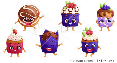 A set of cute smiling cupcake and muffin characters. The concept of a children's party, bakery. Isolated vector illustration for the design of postcards, invitations, posters, banners 131862563