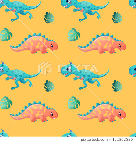 Seamless pattern with various dinosaurs on a yellow background. Vector illustration for the design of postcards, clothing, textiles, banners, posters 131862580