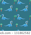 Seamless pattern with dinosaurs and palm trees on a blue background. Vector illustration for the design of postcards, clothing, textiles, banners, posters 131862582