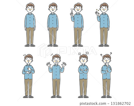 Male illustration set with various facial expressions, full body, vector Male illustration set with various facial expressions, full body, vector 131862702